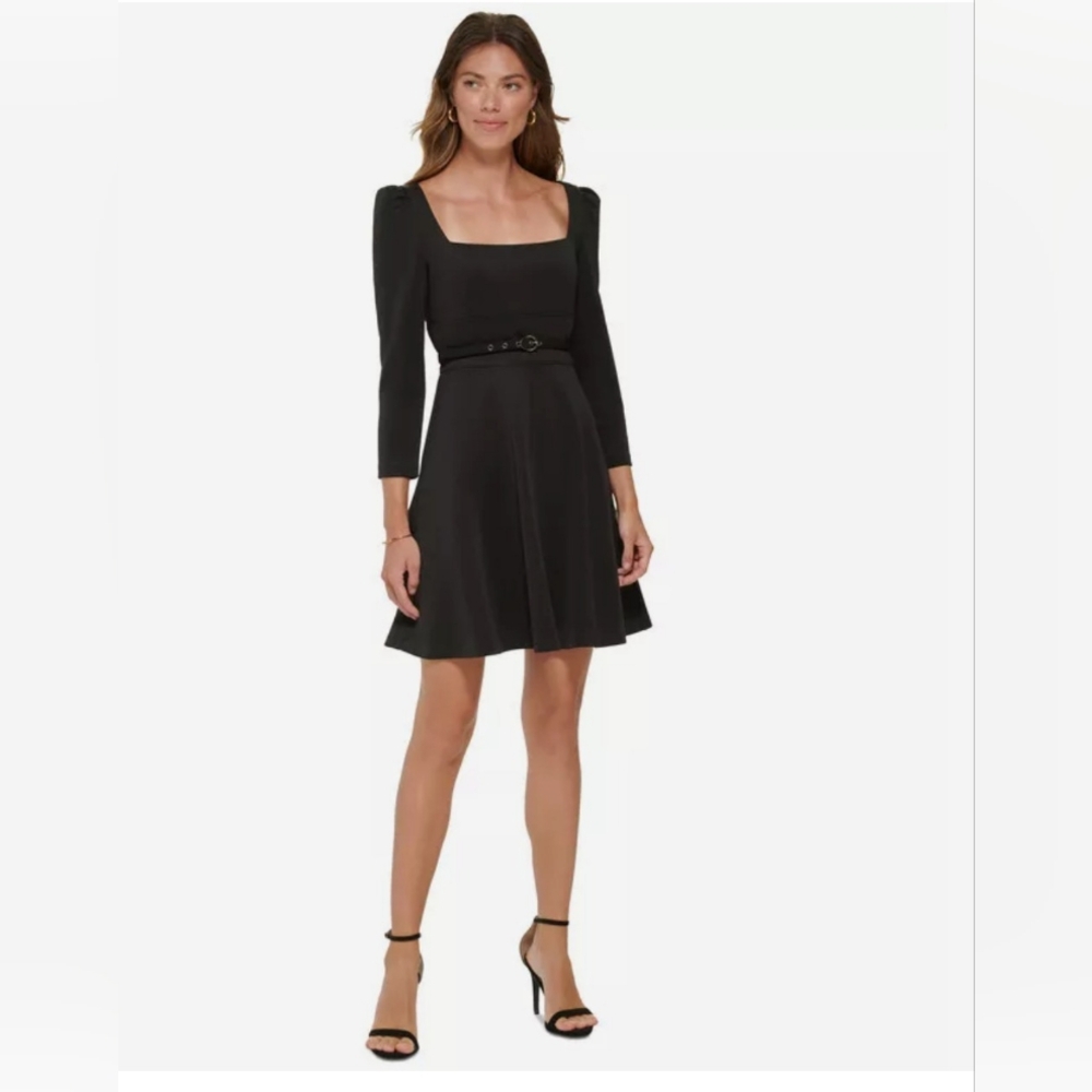 Donna Karen New York DKNY Square Neck Puff Shoulder Belted A line Dress